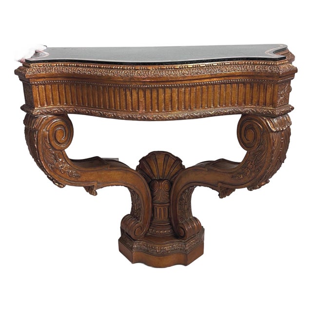 Vintage Maitland Smith stone-top table // tesselated black granite and limestone // carved demilune // wall-mount table // no free shipping For Sale