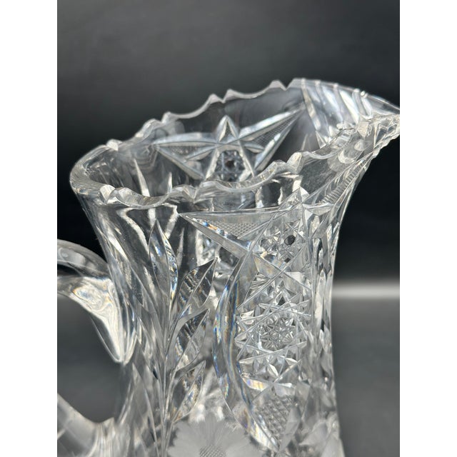 American Brilliant Period Cut Glass Water Pitcher – Deep Wheel Cut Hobstars & Fans – C. 1895–1915 For Sale - Image 4 of 8