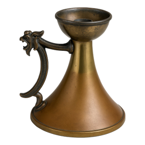 Antique English Copper & Brass Dragon-Handled Candlestick — Weighted Base W/ Green Felt, C. 1900