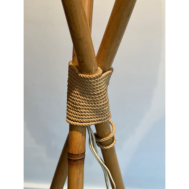 Brown 1970s Bamboo and Rope 3 Lights Floor Lamp, French Work in the Style of Audoux Minet For Sale - Image 8 of 12