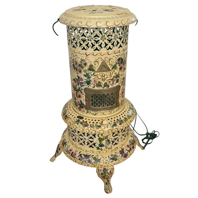French Antique Folk Art Hand Painted Oil Heating Stove Decorative Lamp For Sale - Image 3 of 11