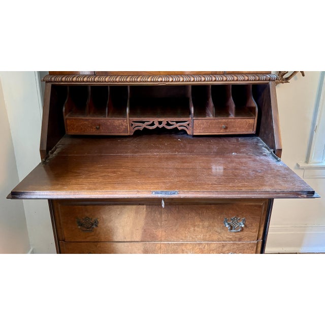 Chippendale Antique 1920s Chippendale Revival Carved Walnut Secretary Desk For Sale - Image 3 of 5