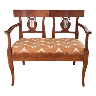 19th Century French Walnut Settee With Carved Lyre Splats For Sale