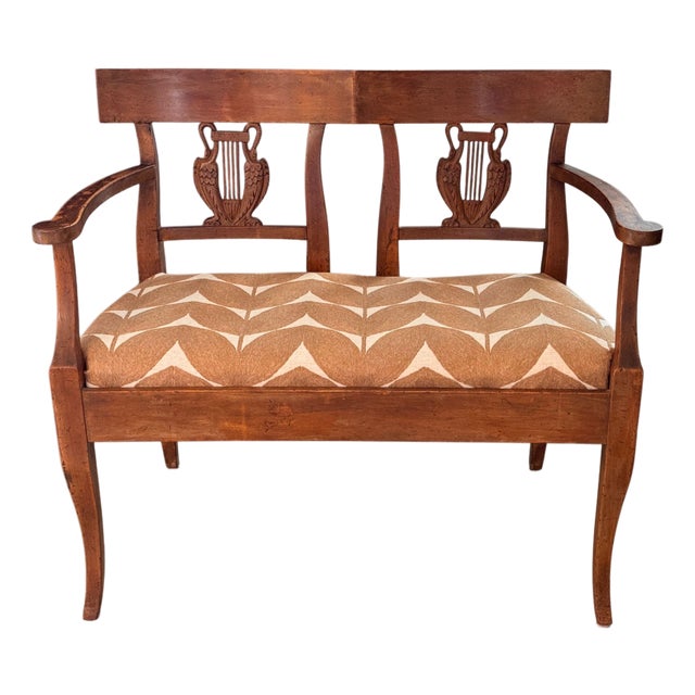 19th Century French Walnut Settee With Carved Lyre Splats For Sale