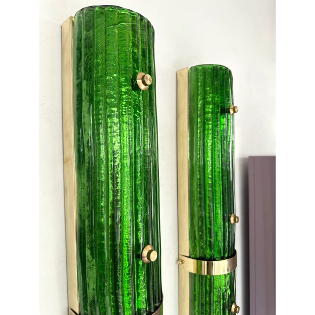 Contemporary Pair of Brass and Green Murano Glass Sconces, Italy For Sale - Image 6 of 12
