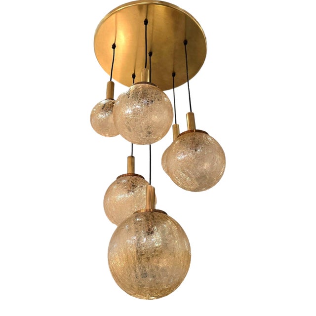 1970s Murano Glass and Brass Flush Mount Chandelier For Sale