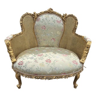 1960 French Louis XVI Gold Beech Damask Settee 1pc For Sale