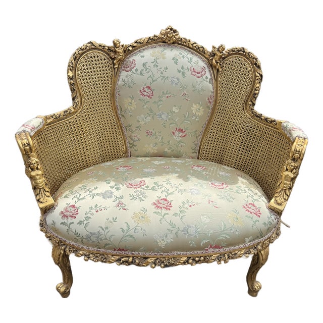 1960 French Louis XVI Gold Beech Damask Settee 1pc For Sale