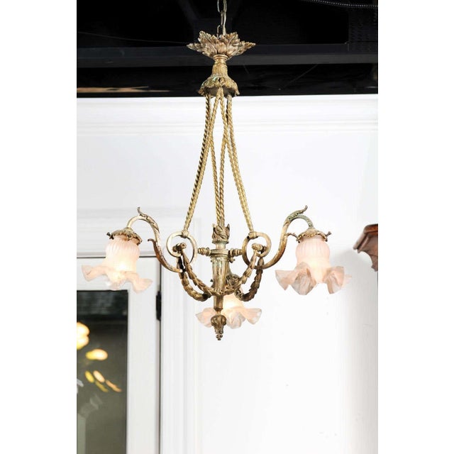 Gold 19th Century French Louis XVI Style 19th Century Bronze Three-Light Chandelier with Torch For Sale - Image 8 of 11