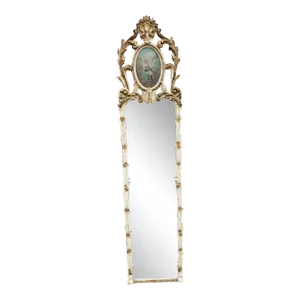 Louis XVI Style Enamel, Gilt Decorated and Signed Hand Painted Trumeau Mirror