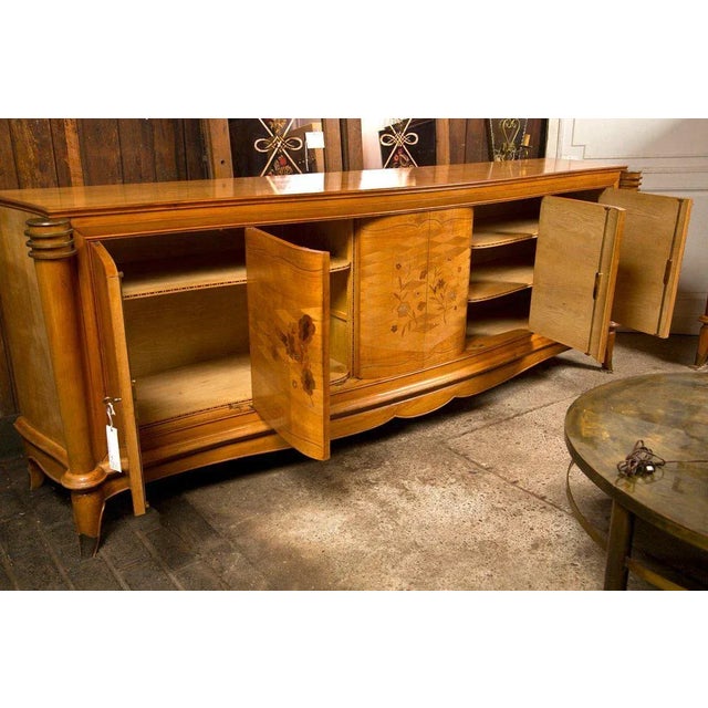 Brown Vintage Mid Century Leleu Style French Bronze-Mounted Satinwood Marquetry Buffet For Sale - Image 8 of 11