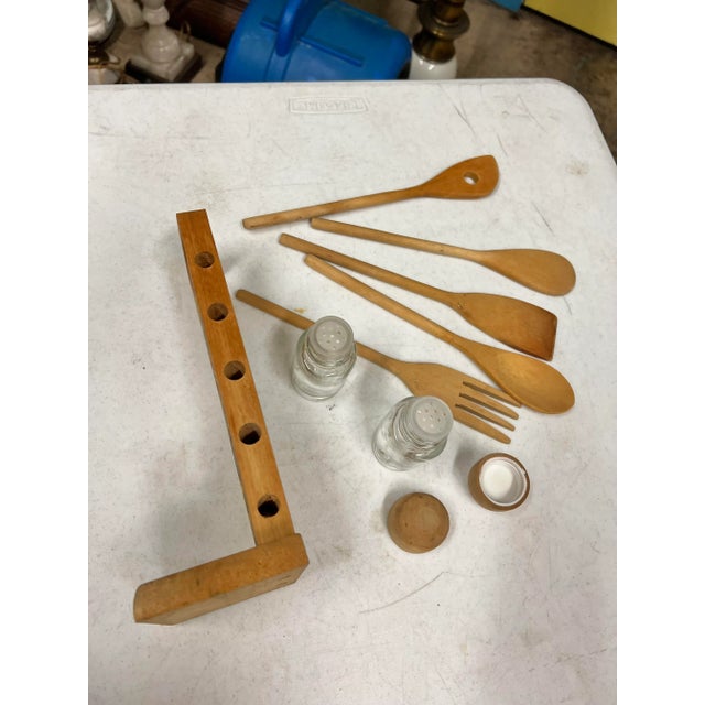 Mid 20th Century Mid Century Wooden Spoon Holder with Salt & Pepper Set -8 Pieces For Sale - Image 5 of 10