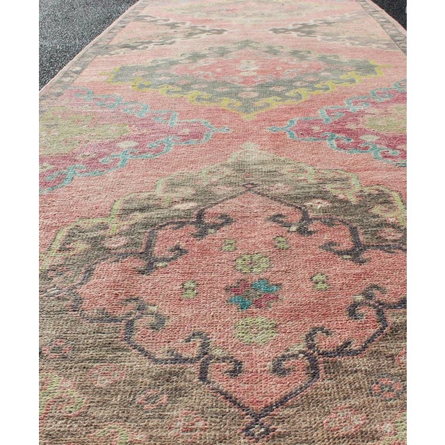 Textile Colorful Vintage Hand Knotted Turkish Oushak Runner in Muted Tones For Sale - Image 7 of 13