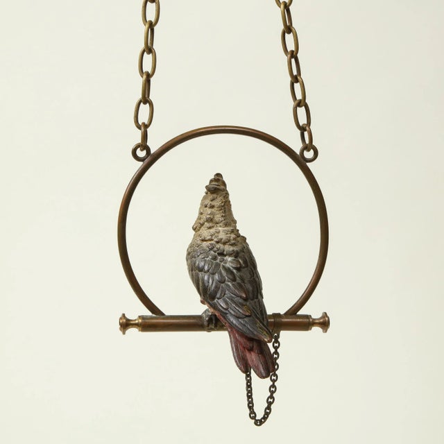 Bronze Conservatory Polychrome Cold-Painted Metal Cockatoo on Hanging Perch For Sale - Image 8 of 12