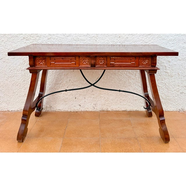 Spanish Baroque Style Carved Wooden Console Table with Wrought Iron Stretcher, 1930 For Sale - Image 6 of 10