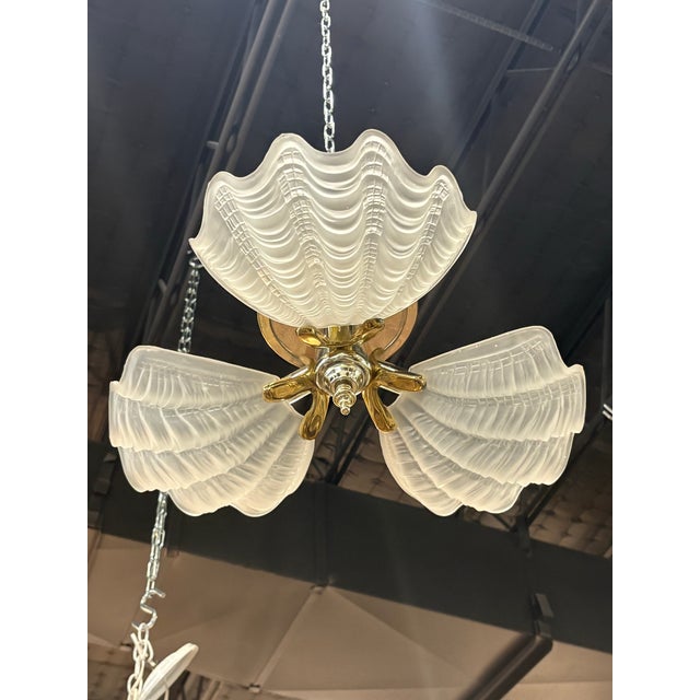 Hollywood Regency Vintage Murano Glass Ceiling Flush Mount Chandelier 3 Light Scalloped Clam Shell For Sale - Image 3 of 11