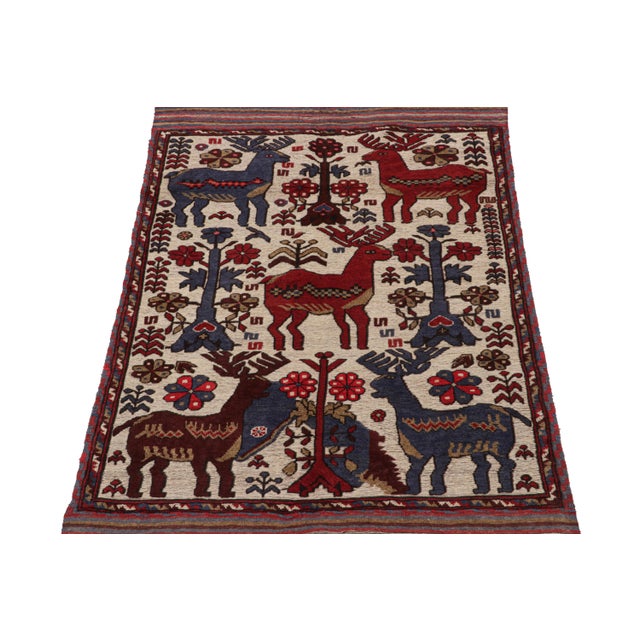 Tribal 2010s Rug & Kilim’s Persian Barjasta Style Rug in Beige With Red & Blue Deer Pictorial For Sale - Image 3 of 7