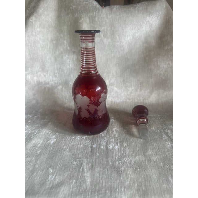 Antique Cranberry Glass Etched Decanter Cruet & Stopper 9.5"