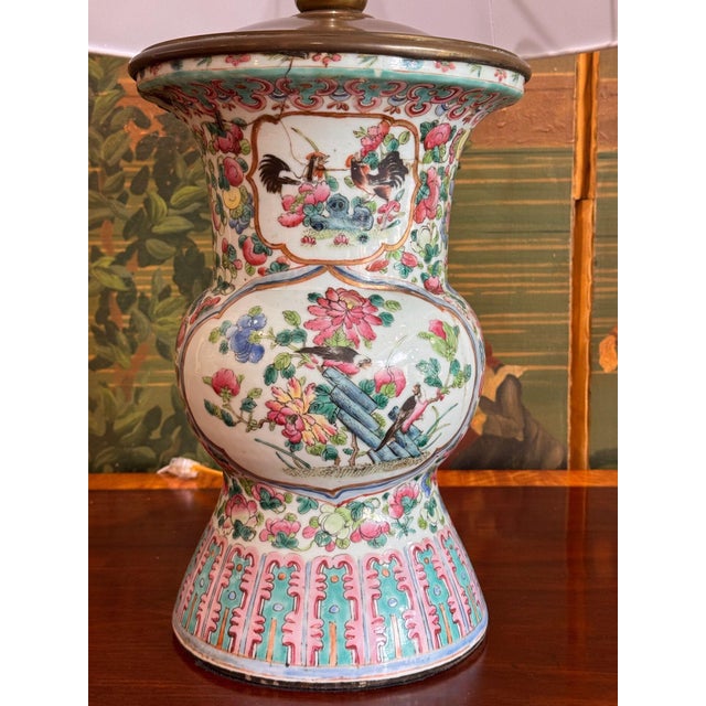 19th Century Near Pair of 19th Century Chinese Export Baluster Form Vases Fashioned Into Lamps For Sale - Image 5 of 12