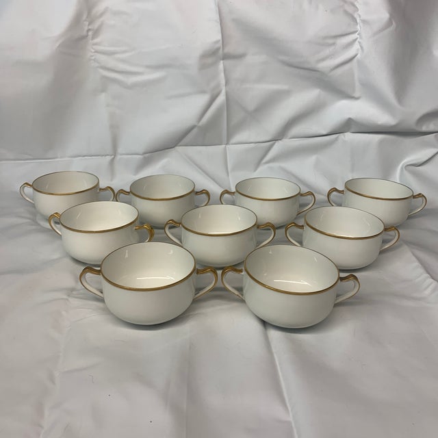 French Vintage Haviland & Co Limoges France Double Handled Cream Soup Bowls Gold Rim Set of 9 For Sale - Image 3 of 5