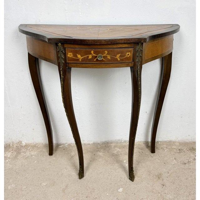 Brown Louis XVI French Marquetry Console Table with Bronze Mounts, 1950 For Sale - Image 8 of 14