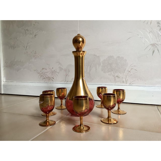 Italian 1990s Murano Hand-Made and Hand Painted Decanter and 8 Glass Cup Set in Mint Condition For Sale - Image 3 of 4