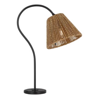 Amber Lewis by Visual Comfort Signature Dume 24" Arched Table Lamp in Aged Iron with Natural Abaca Shade For Sale