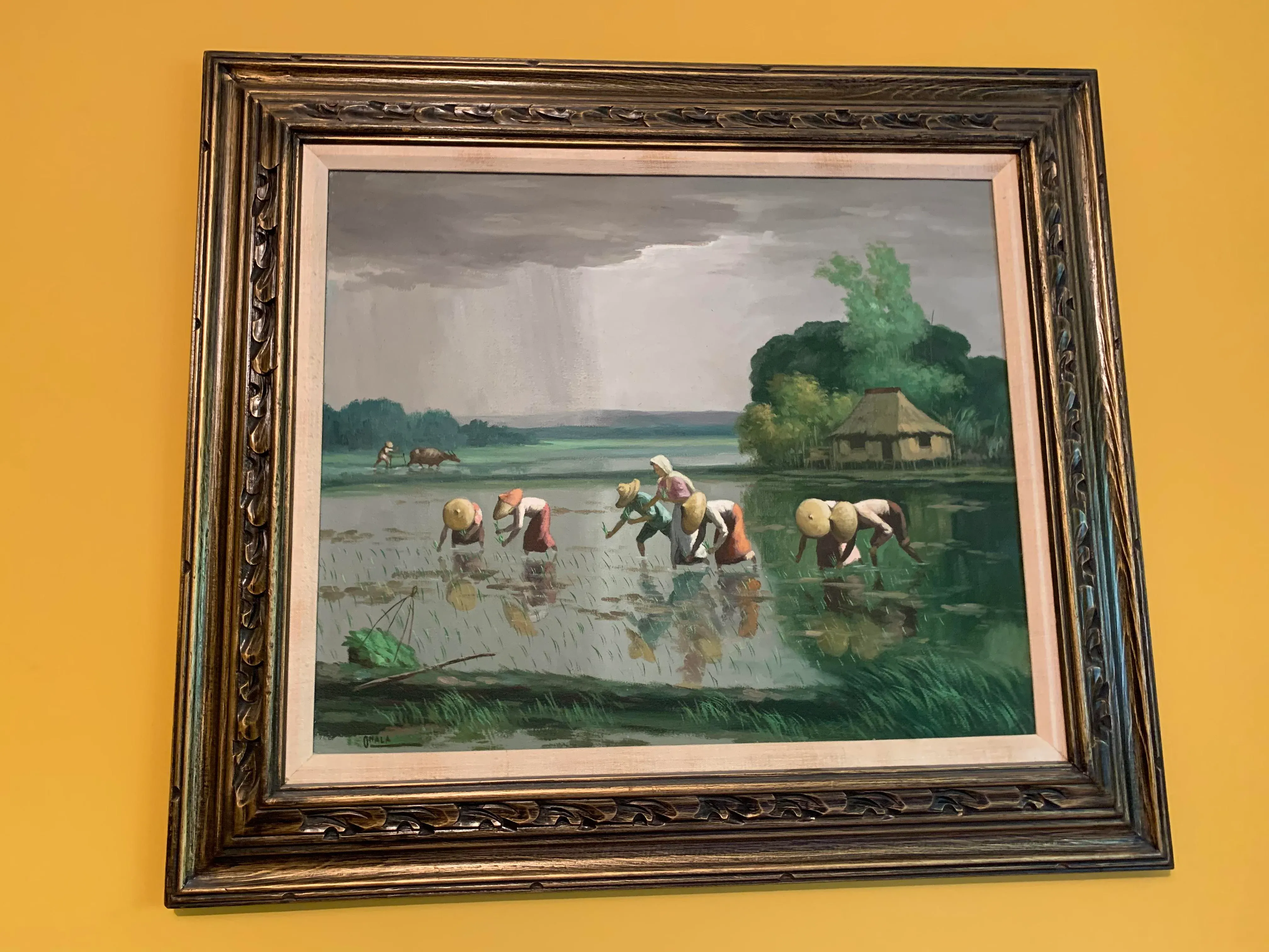 1960s Vintage Southeast Asian Workers Picking Rice Framed Painting
