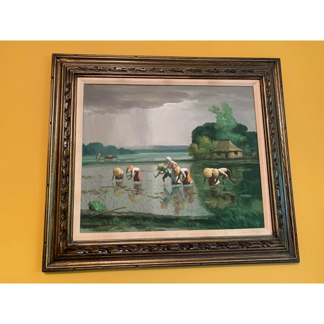 1960s Vintage Southeast Asian Workers Picking Rice Framed Painting For Sale - Image 10 of 10