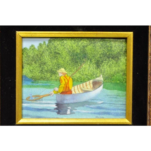 Modern Late 20th Century Daniel Belliard Enamel on Copper Small Framed Painting Fisherman in Boat on Lake For Sale - Image 3 of 10