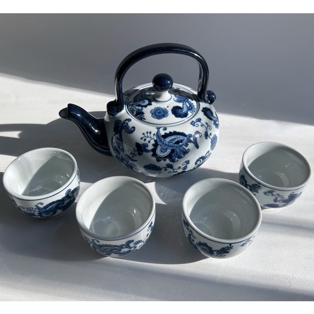 Vintage Pier 1 Imports White & Blue Chinoiserie Style Tea Set for 4 For Sale - Image 16 of 17