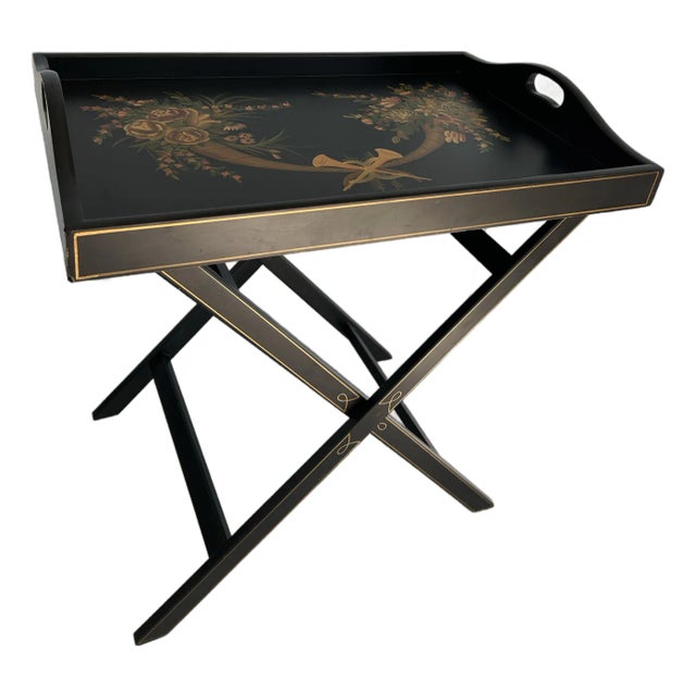 1940s English Regency Butler Tray Table-Early Victorian Black Japanned Lacquer Wooden Drink Table-Hand Painted Removable Top-X Shape Folding Stand For Sale