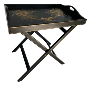 1940s English Regency Butler Tray Table-Early Victorian Black Japanned Lacquer Wooden Drink Table-Hand Painted Removable Top-X Shape Folding Stand