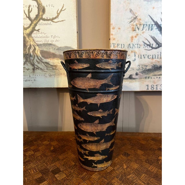 Vintage English Planter Jardiniere Urn Fish Decoupage Black Tole Lodge Décor. Direct from southern England, a striking...