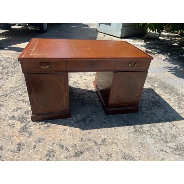 Antique English Mahogany Inlaid Partner Desk Leather Top Circa 1890 For Sale - Image 4 of 7