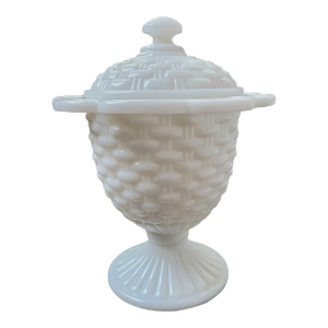 Vintage Milk Glass Basketweave Lidded Jar