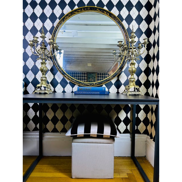 Black Oversized Black & Gold Lacquer Hand-Painted Chinoiserie Round Mirror 36 Inch Diameter For Sale - Image 8 of 13
