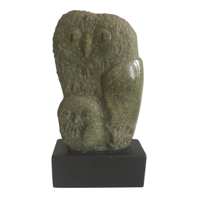 1960s Green Marble Owl Sculpture on Composition Base For Sale