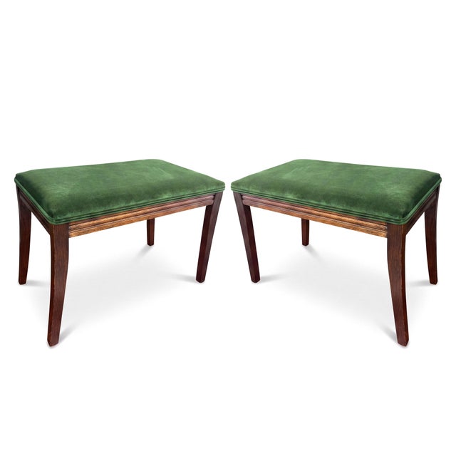 Mid-Century French Louis XVI Style Walnut & Green Velvet Ottomans - Pair For Sale - Image 4 of 6