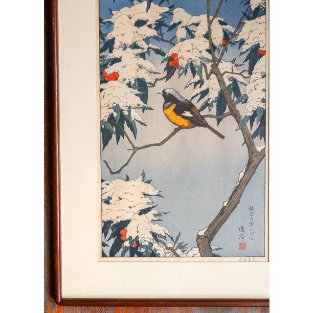 Wood 1970's Japanese Ukiyo-E Woodblock Print of Bird in Snow by Toshi Yoshida For Sale - Image 7 of 17