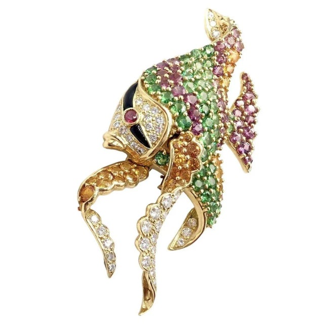 2000 - 2009 Jean Vitau Diamond Color Stone Large Angel Fish Yellow Gold Brooch For Sale - Image 5 of 10
