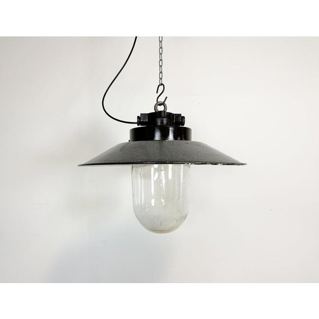 - Vintage industrial light from former Czechoslovakia made during the 1960s - Grey enamel shade with white interior -...
