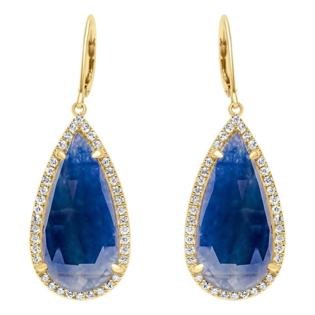 Blue Sapphire Pear Drop Faceted Cabochon Diamond Halo Drop 18k Gold Earrings, A Pair For Sale