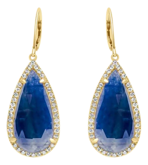 Blue Sapphire Pear Drop Faceted Cabochon Diamond Halo Drop 18k Gold Earrings, A Pair