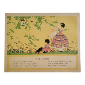1910s/1920s the Wren & Playing School Poem, Upcycled Book Illustration