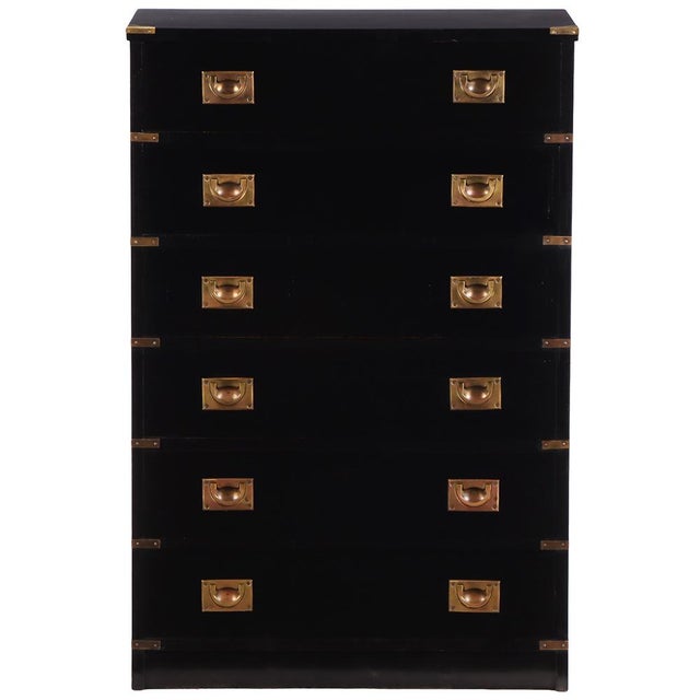1960s Ebonized Mahogany Campaign Style Tall Chest, C. 1960. For Sale - Image 5 of 7