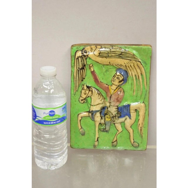 Antique Persian Iznik Qajar Style Ceramic Pottery Green Tile Phoenix w/ Rider C4. Item features original crackle glazed...