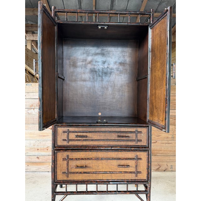 Vintage British Colonial Faux Bamboo and Grasscloth Armoire Cabinet With Drawers For Sale - Image 11 of 12
