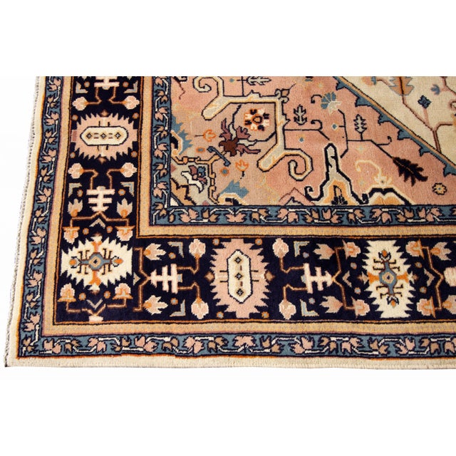 Vintage Persian Heriz Handmade Ivory Medallion Wool Rug For Sale - Image 4 of 9