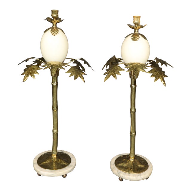 Pair Anthony Redmile Attributed Brass and Ostrich Egg Candle Sticks For Sale